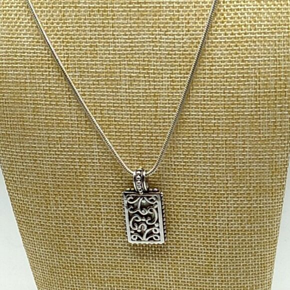 Mother of Pearl Encased in Openwork Scrolled Rectangular Pendant Necklace 18-21" - Picture 3 of 10